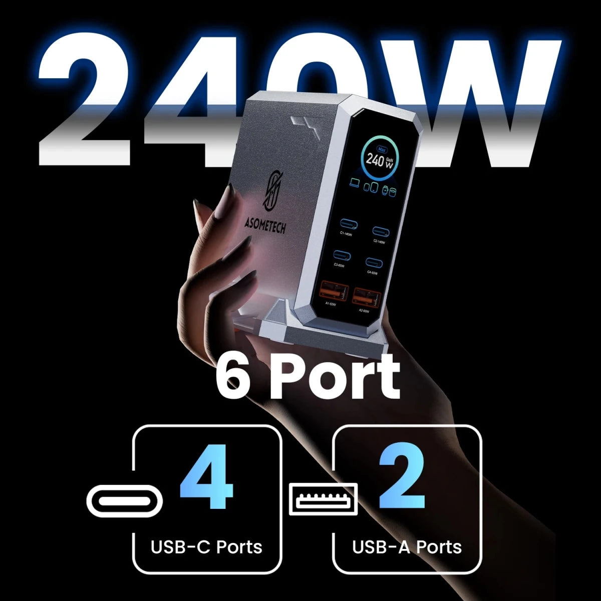 240W 6 - Port GaN Desktop Charger PD3.1 USB - C for MacBook, Laptop, iPhone - Supersell