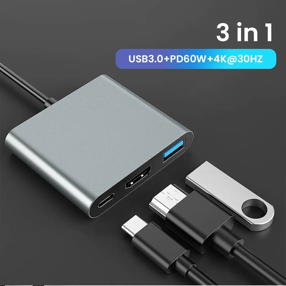 3-in-1 USB C Hub with 60W Type C Power Delivery 4K HDMI Square Portable Adapter Multiple Port Hub for MacBook Air/Pro ChromeBook - Supersell