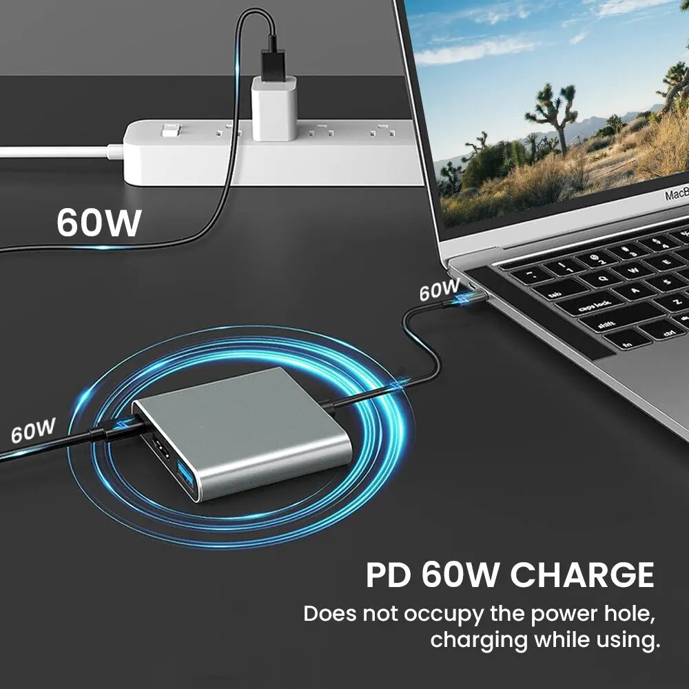 3-in-1 USB C Hub with 60W Type C Power Delivery 4K HDMI Square Portable Adapter Multiple Port Hub for MacBook Air/Pro ChromeBook - Supersell