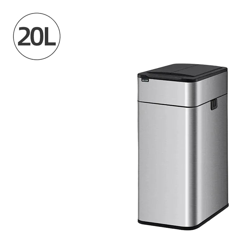 Stainless steel trash can with wave sensing and charging features on a white background
