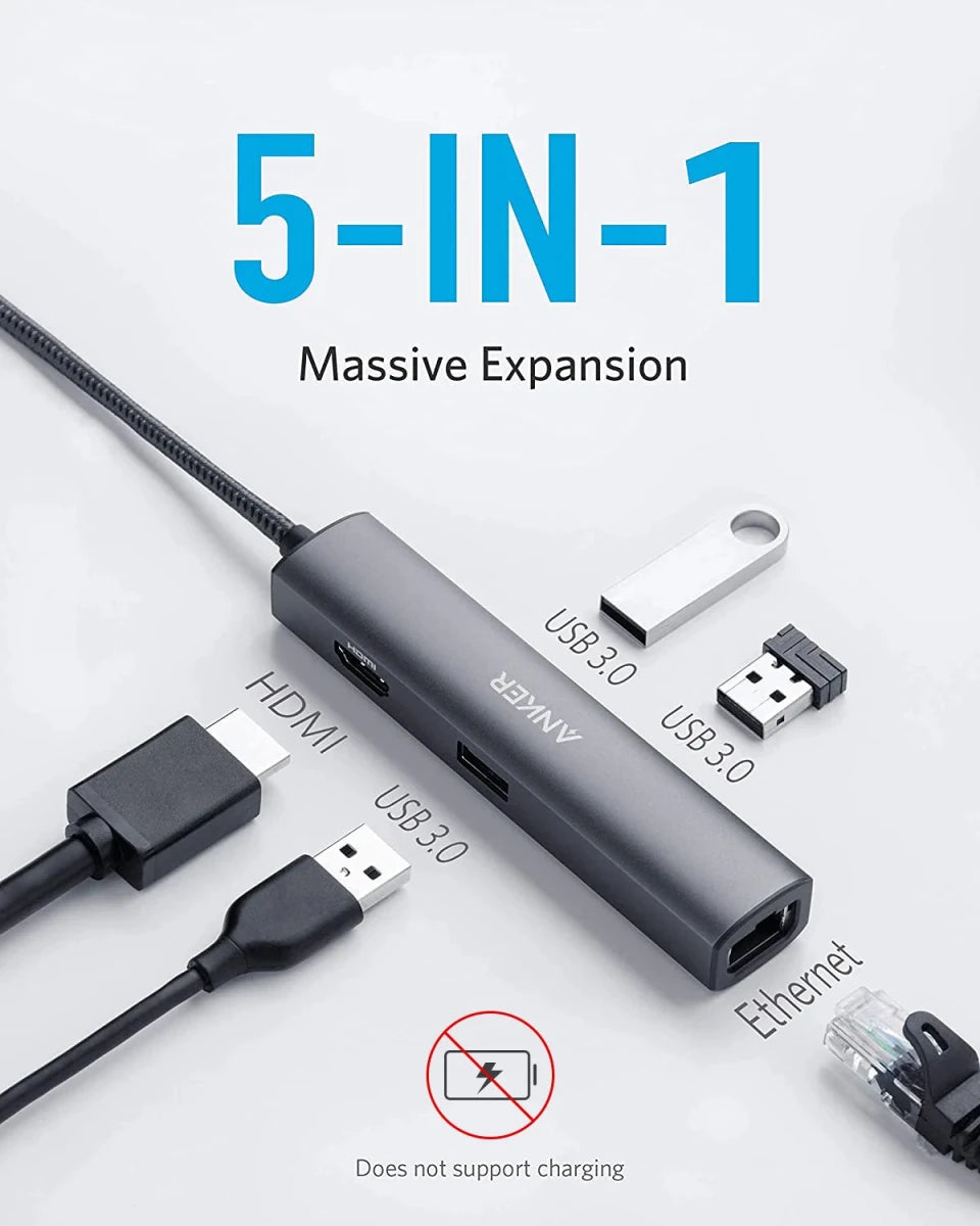 Anker USB Hub Adapter 5 - in - 1 with 4K USB C to HDMI - Supersell