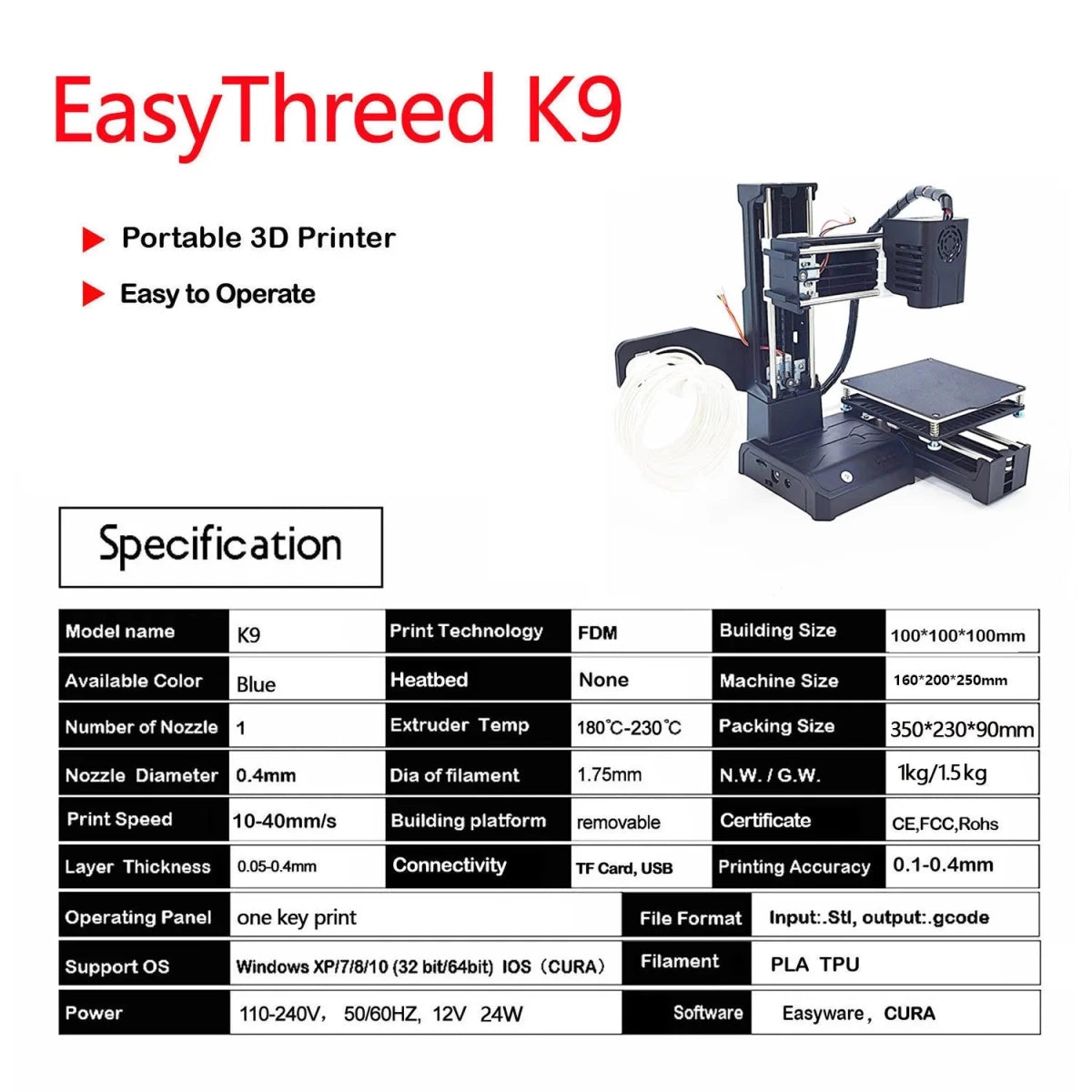 EasyThreed K9 Mini 3D Printer FDM TPU PLA Filament 1.75mm Black - Supersell