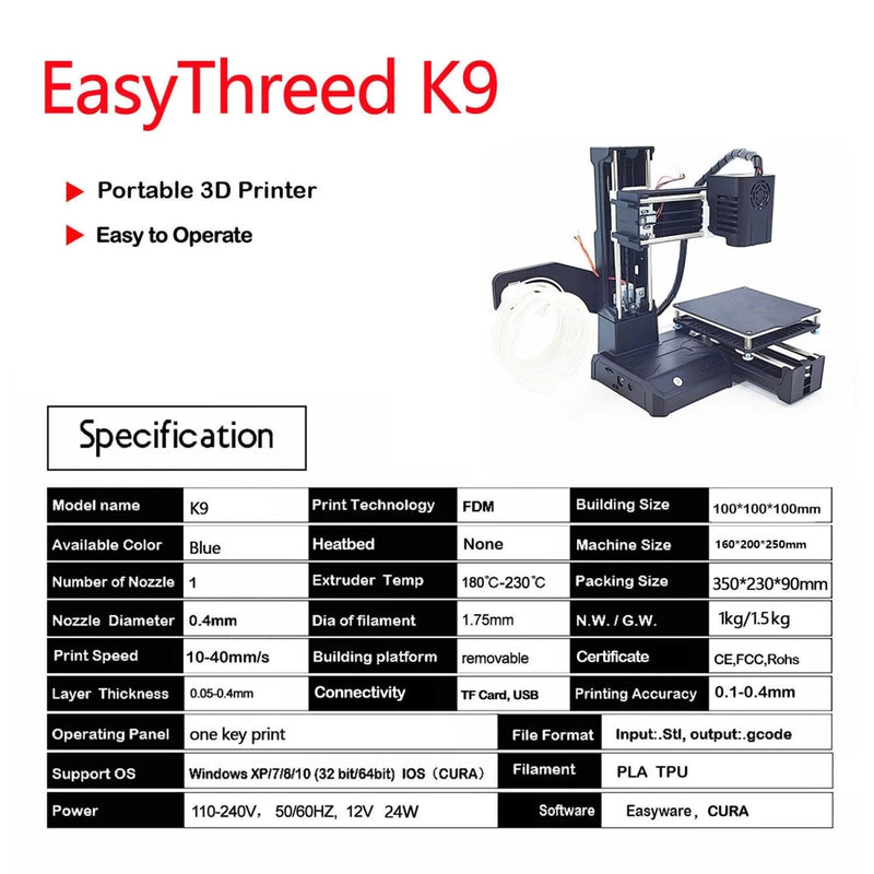 EasyThreed K9 Mini 3D Printer FDM TPU PLA Filament 1.75mm Black - Supersell