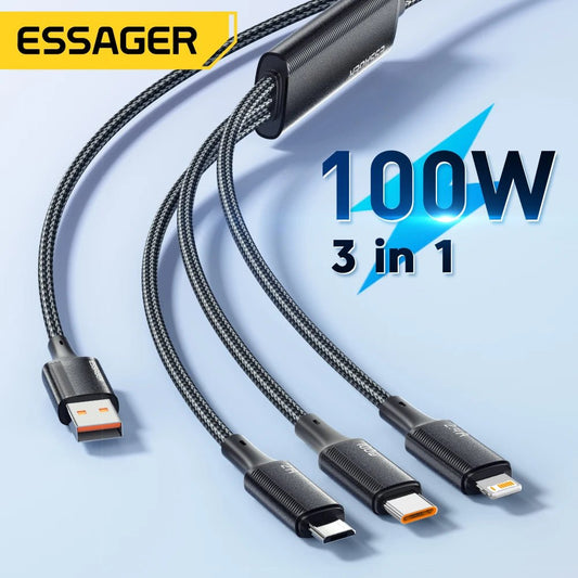 Essager 100W 3 - in - 1 Fast USB - C to Lightning Charger Cable - Supersell