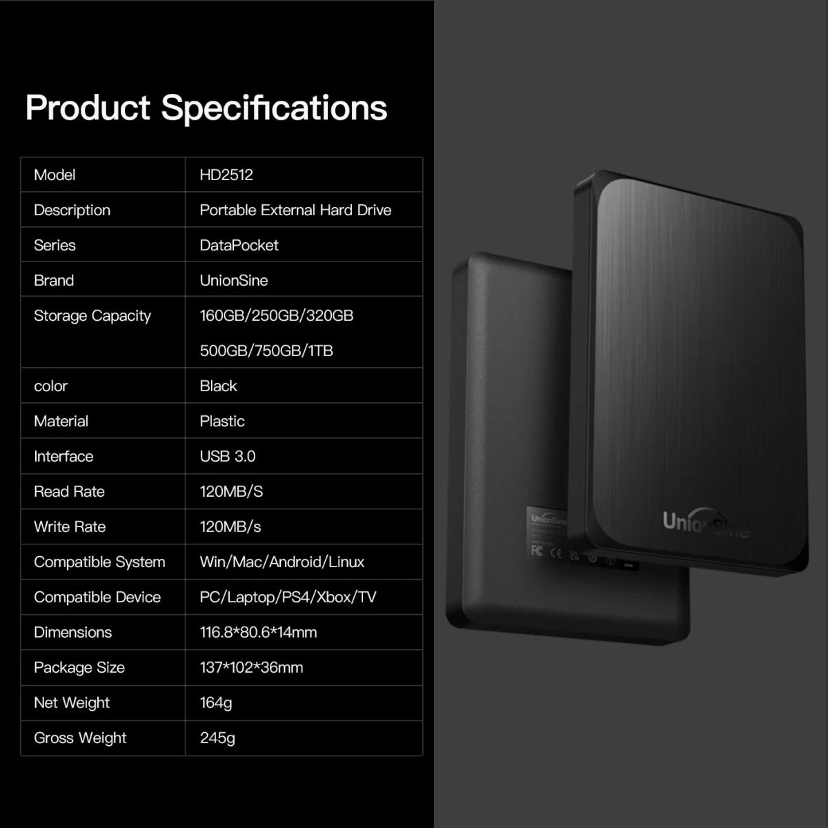 UnionSine HDD 2.5" Portable External Hard Drive USB 3.0 Storage - Supersell